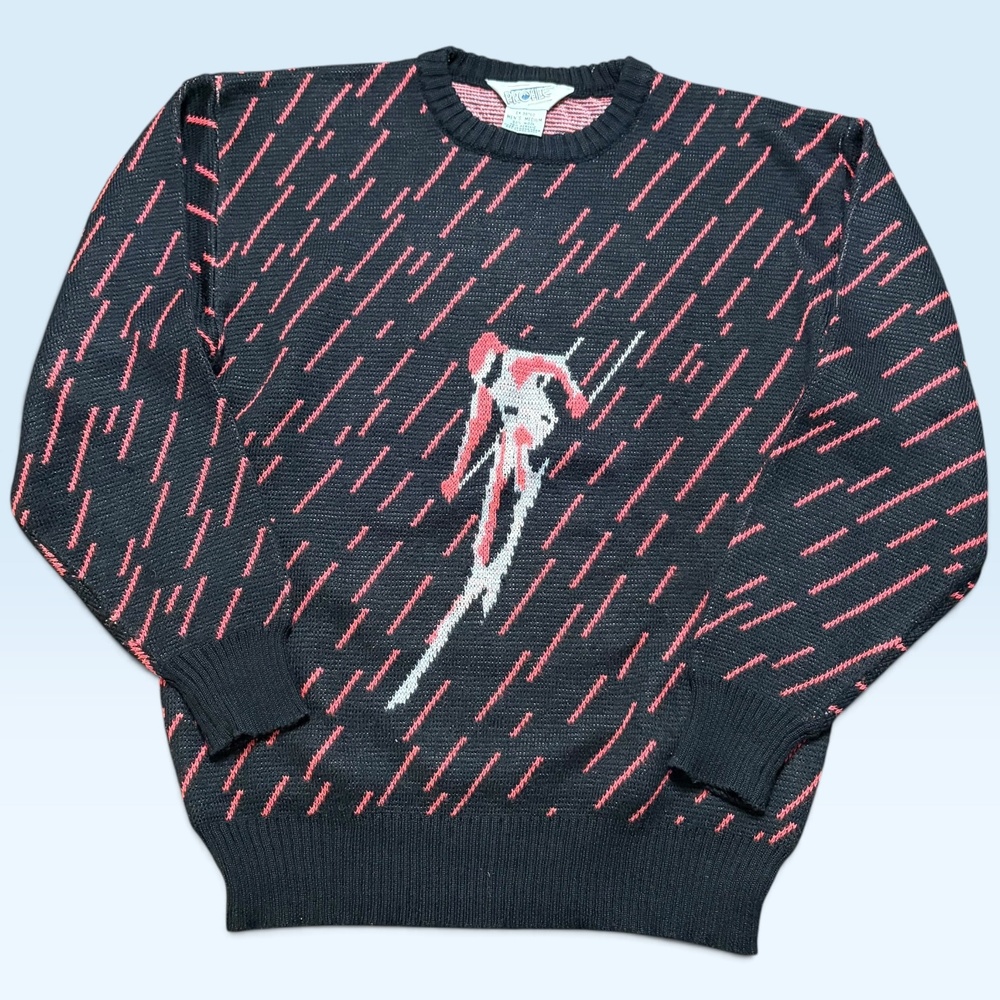 Vintage Profile Sweater Mens Medium Black Sui Ski Graphic Knit Crewneck Pullover